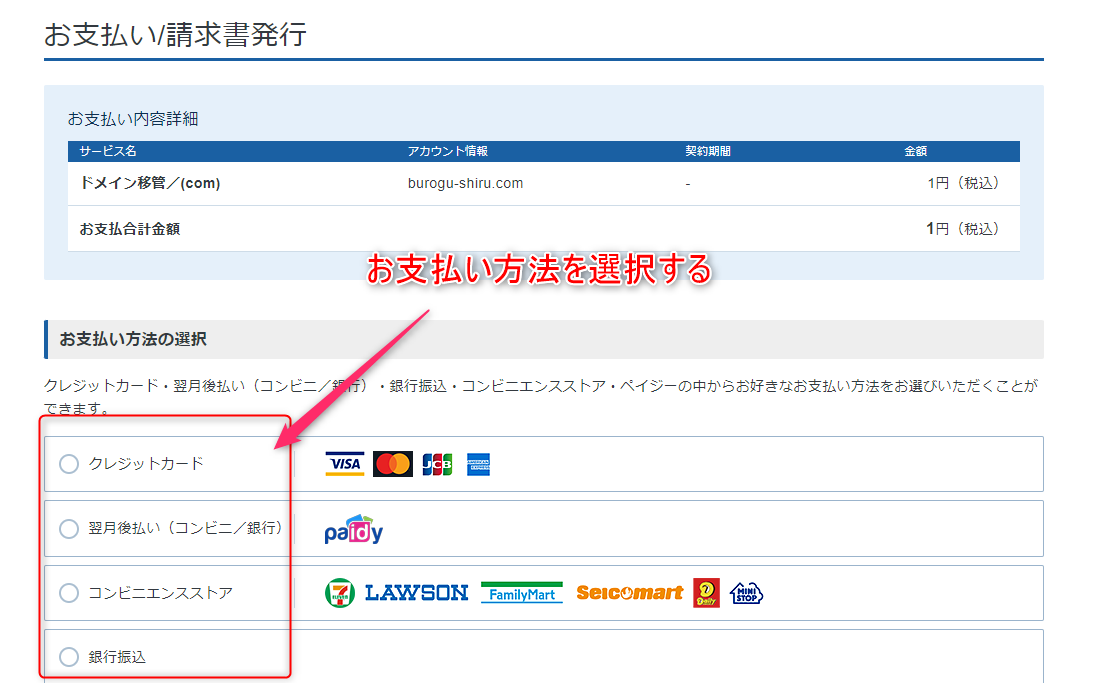 10-エックスサーバーでドメイン移管するときの支払い方法を選択するよ