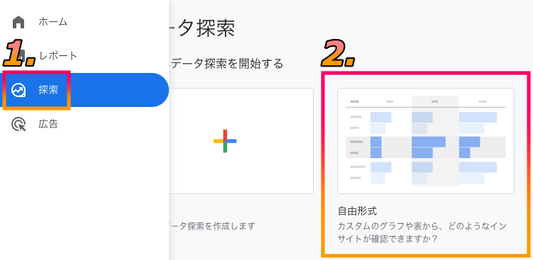 アナリティクスg4の探索タブの自由形式を選択する