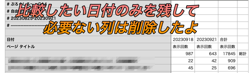 必要のない列は削除して比較したい日付を残したよ